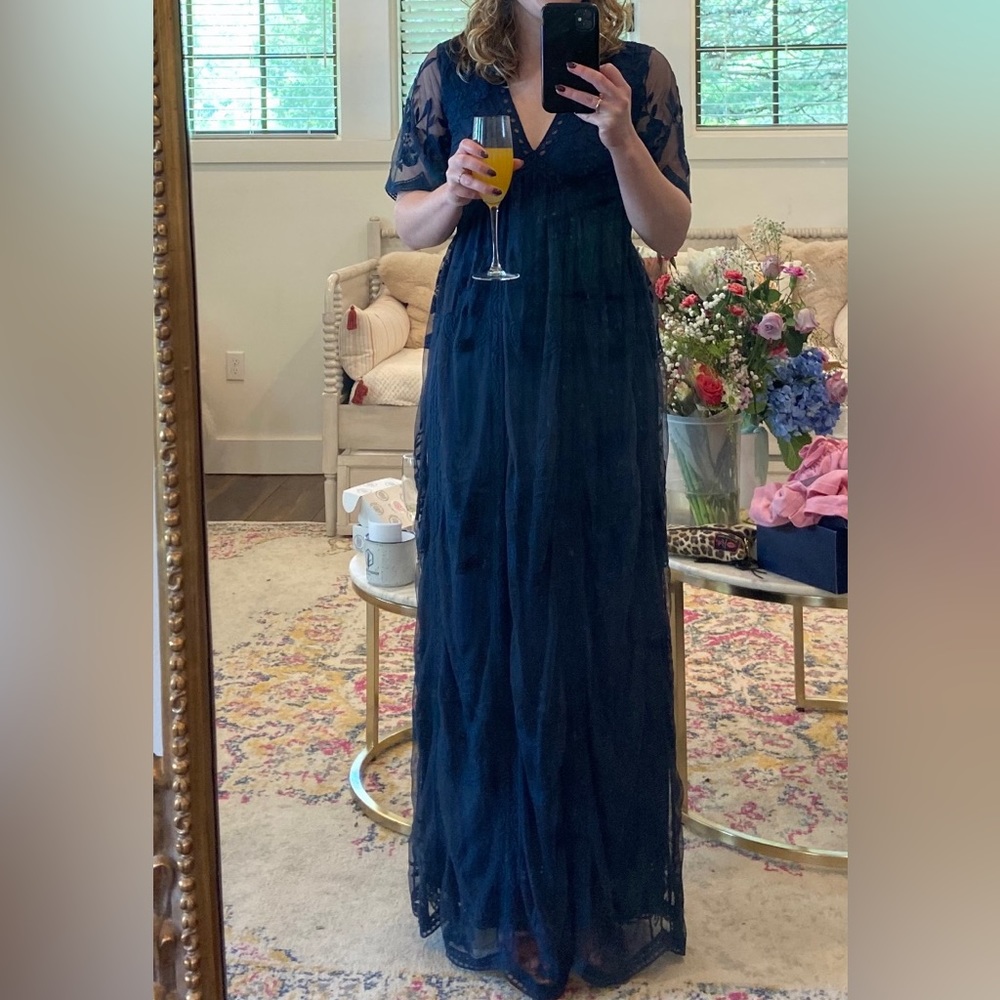 Navy floor length lace dress